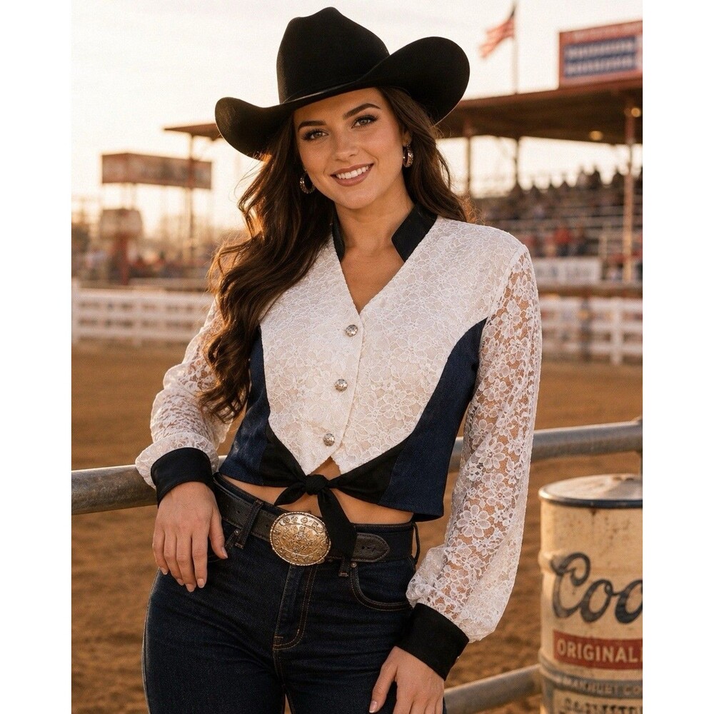Vintage Banjo Dallas Western Lace Crop Top Large Rodeo Cowgirl Tie Front